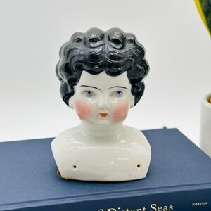 Antique Style Porcelain Doll Head Bust Black Hair Blue Eyes No. 6